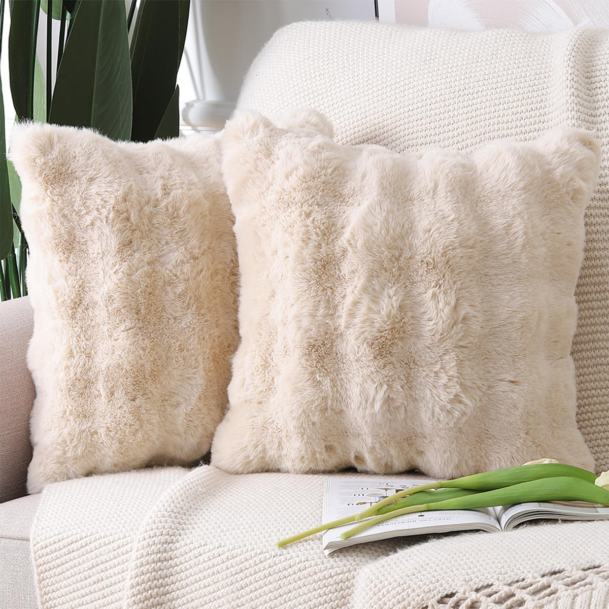 MADIZZ Pack of 2 Thick Plush Faux Wool Throw Pillow Covers Soft Boho Throw Pillows Luxurious Cushion Covers for Couch Sofa Bedroom Living Room Home Decor 18x18 Inch Cream