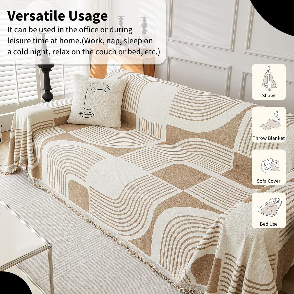 WEYOND Boho Couch Cover, Chenille Sofa Covers Washable, 71" x 102", Khaki