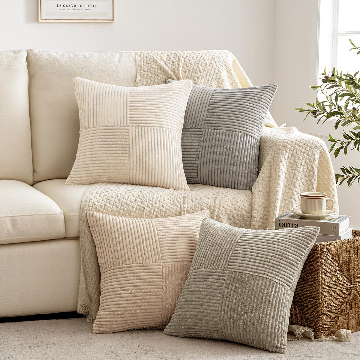 MIULEE Spring Green Decorative Throw Pillow Covers 18x18 Inch Set of 4 Boho Farmhouse Cushion Covers Mordern Nordic Pillow Cases Soft Corduroy Gradient Home Decor for Couch Sofa Living Room Bed