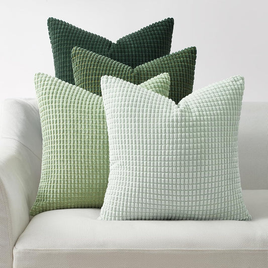 Topfinel Boho SageGreen Throw Pillow Covers for Couch Living Room,Summer Green Cushion Covers Room Decorative Fluffy Corduroy,Nordic Cushion Cover 18x18 Inch Set of 4 (Green/LightGreen/OliveGreen)