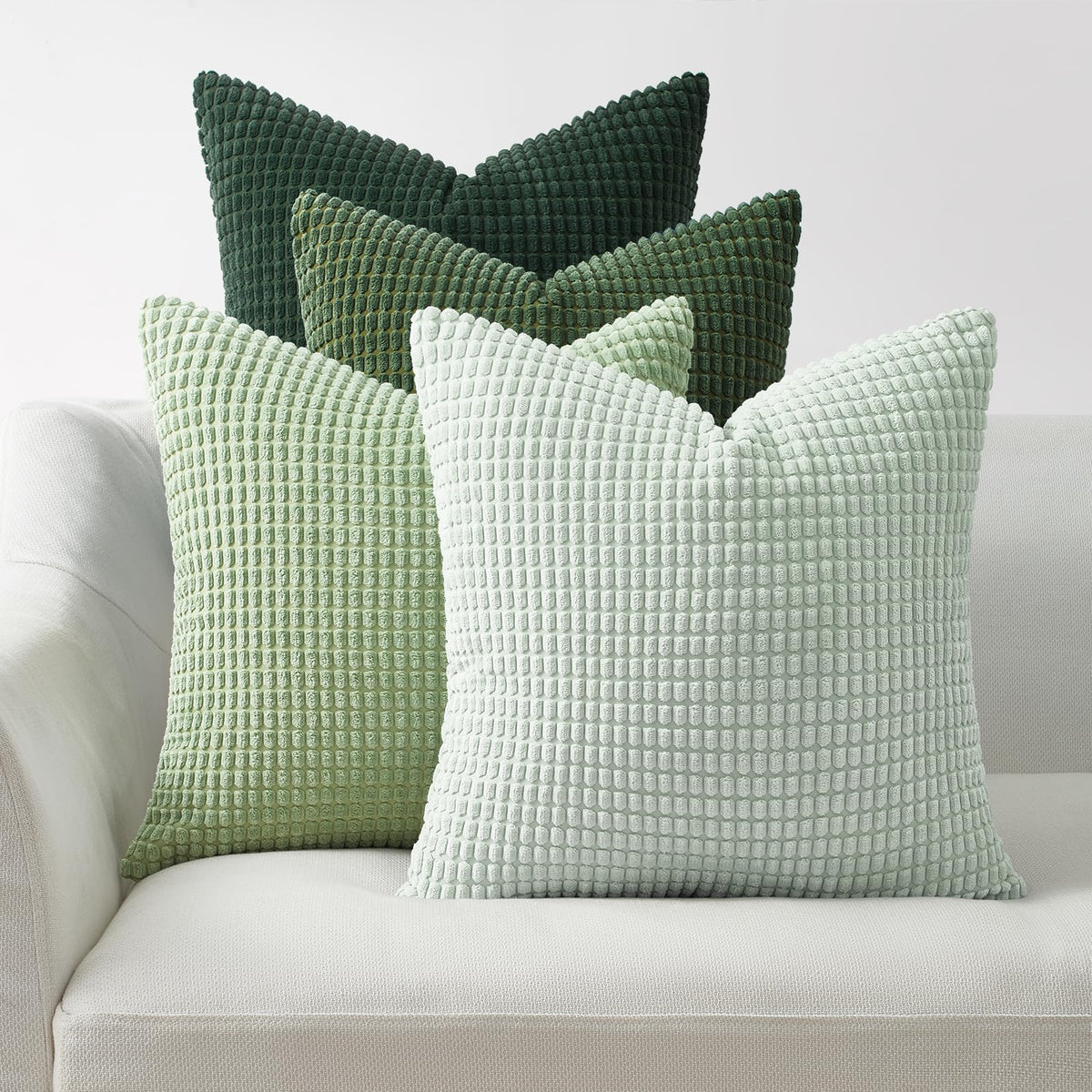 Topfinel Boho SageGreen Throw Pillow Covers for Couch Living Room,Summer Green Cushion Covers Room Decorative Fluffy Corduroy,Nordic Cushion Cover 18x18 Inch Set of 4 (Green/LightGreen/OliveGreen)
