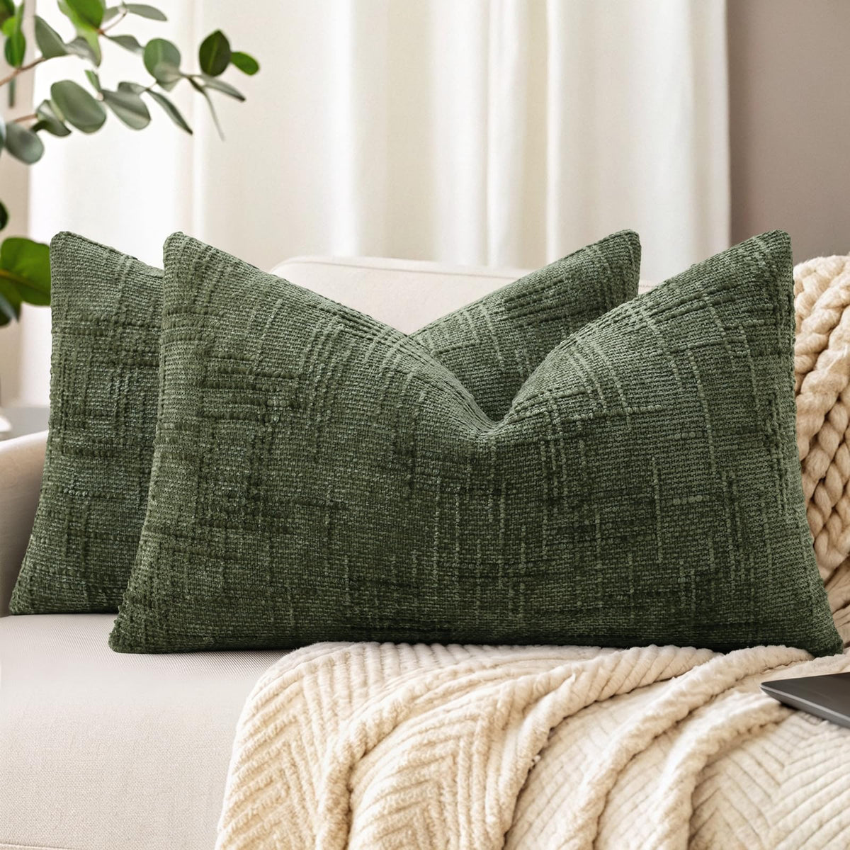 decorUhome Textured Chenille Throw Pillow Covers 18x18 Set of 2 Cream White