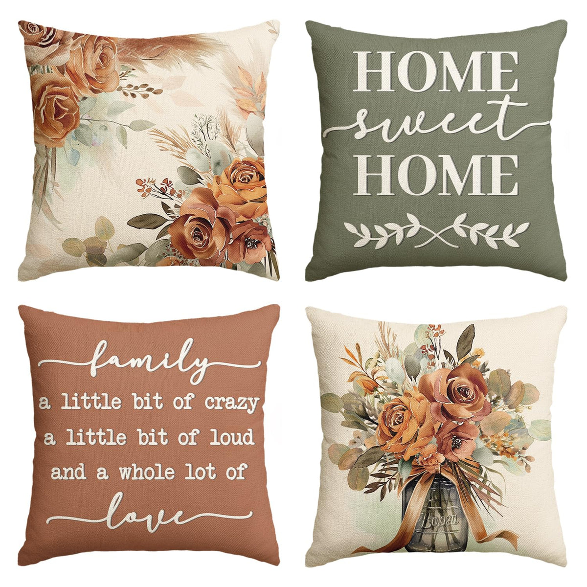 AVOIN colorlife Spring Home Sweet Home Terracotta Sage Throw Pillow Covers, 18 x 18 Inch Seasonal Fall Eucalyptus Floral Motto Cushion Case for Sofa Couch Set of 4