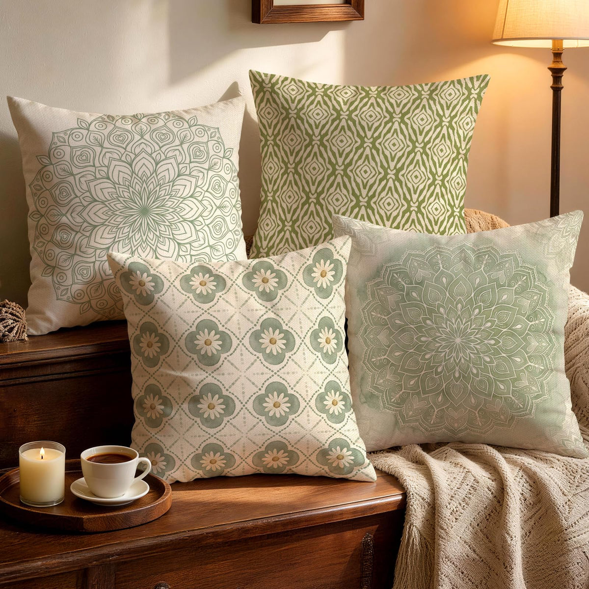 OBSEDE Rustic Neutral Boho Floral Throw Pillow Covers 18x18 Inch Set of 4