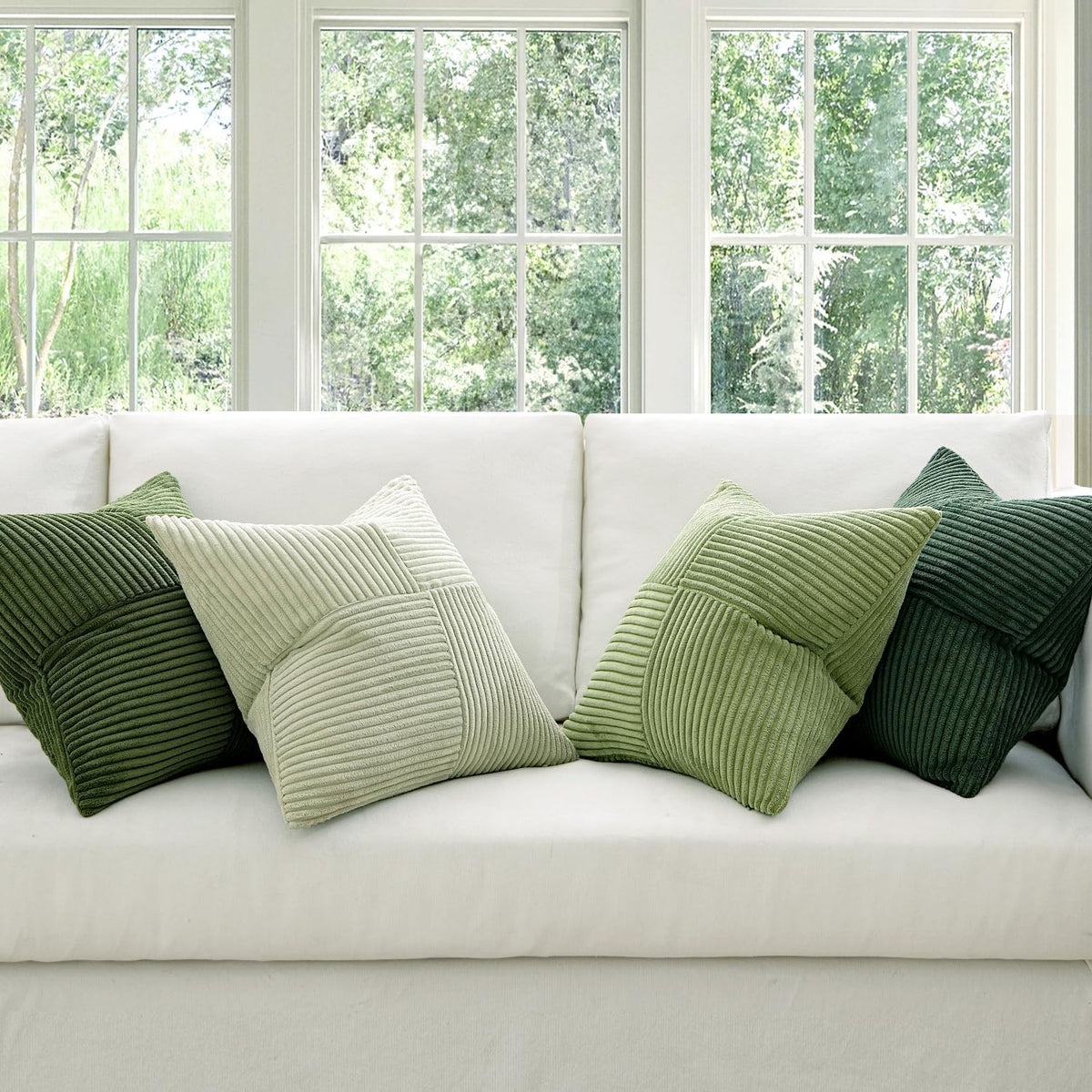 MIULEE Spring Green Decorative Throw Pillow Covers 18x18 Inch Set of 4 Boho Farmhouse Cushion Covers Mordern Nordic Pillow Cases Soft Corduroy Gradient Home Decor for Couch Sofa Living Room Bed