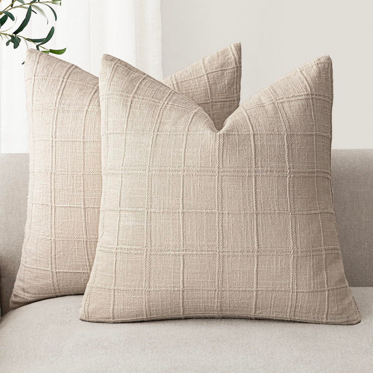 Foindtower Linen Check Decorative Throw Pillow Covers 18×18 Natural Beige