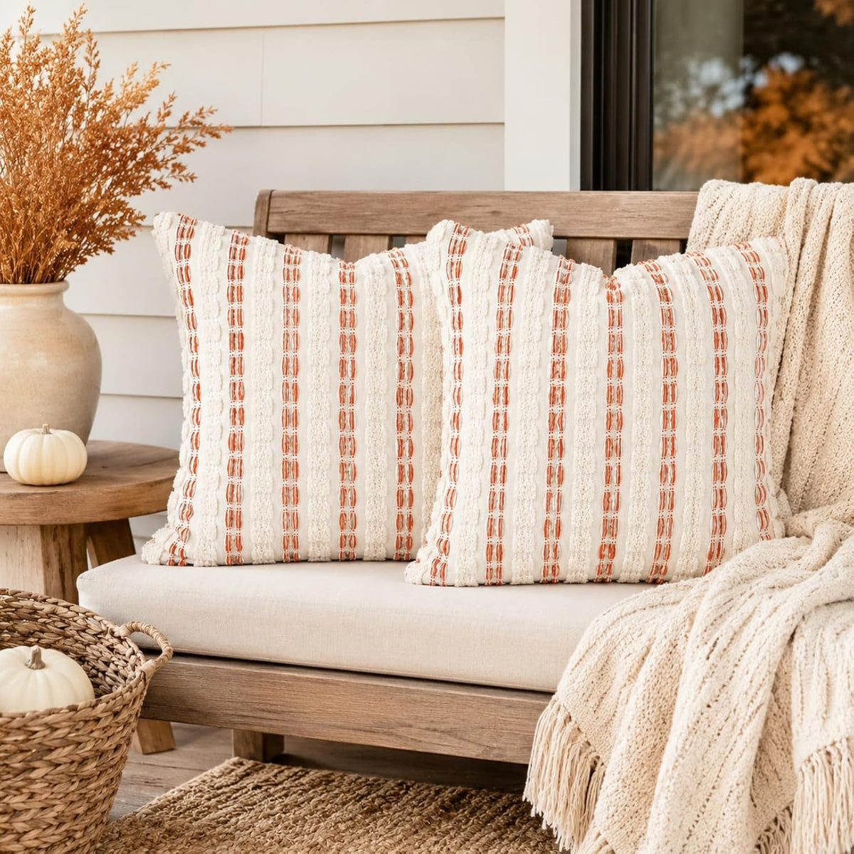 CROWNED BEAUTY Farmhouse Boho Throw Pillow Covers, 18x18, Rust Orange