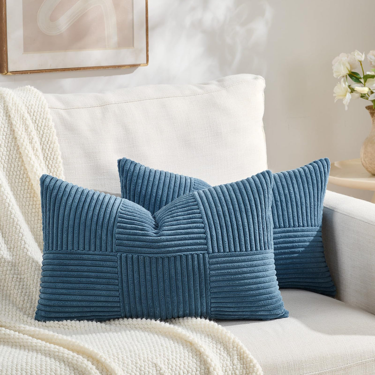 Fancy Homi Set of 2 Dark Gray Boho Decorative Throw Pillow Covers 18x18 Inch for Living Room Bedroom Couch Bed Sofa, Modern Farmhouse Home Decor, Soft Striped Plaid Corduroy Accent Cushion Case