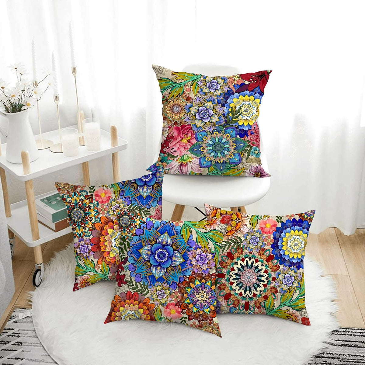 Boho Floral Throw Pillows Covers 18x18 in Colorful Flower Set of 4