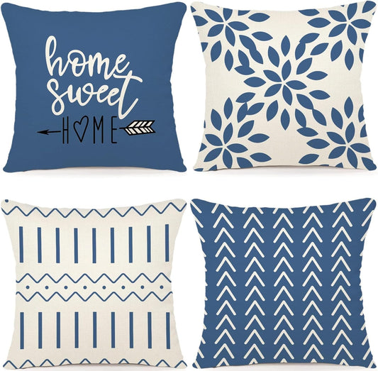 YCOLL Pillow Covers 18x18 Set of 4, Modern Sofa Throw Pillow Cover, Decorative Outdoor Linen Fabric Pillow Case for Couch Bed Car，Light Blue