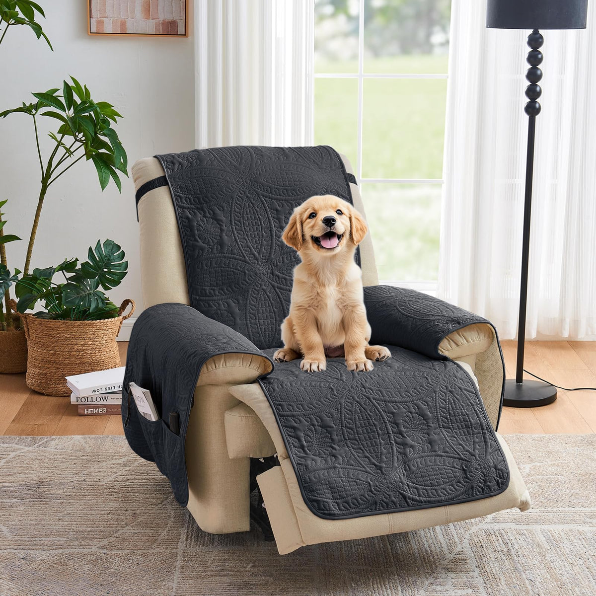 Quilted Sofa Slipcovers with Pockets, Anti-Slip Medallion Designed Couch Covers for 3 Cushion Sofa, Couch Cover for Dogs Cats Water-Repellent Machine Washable (Large Sofa 68", Ivory White)