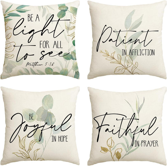 AVOIN colorlife Eucalyptus Leaves Fall Throw Pillow Covers, 18 x 18 Inch Green Leaves Be A Light for All to See Cushion Case Decoration for Sofa Couch Set of 4