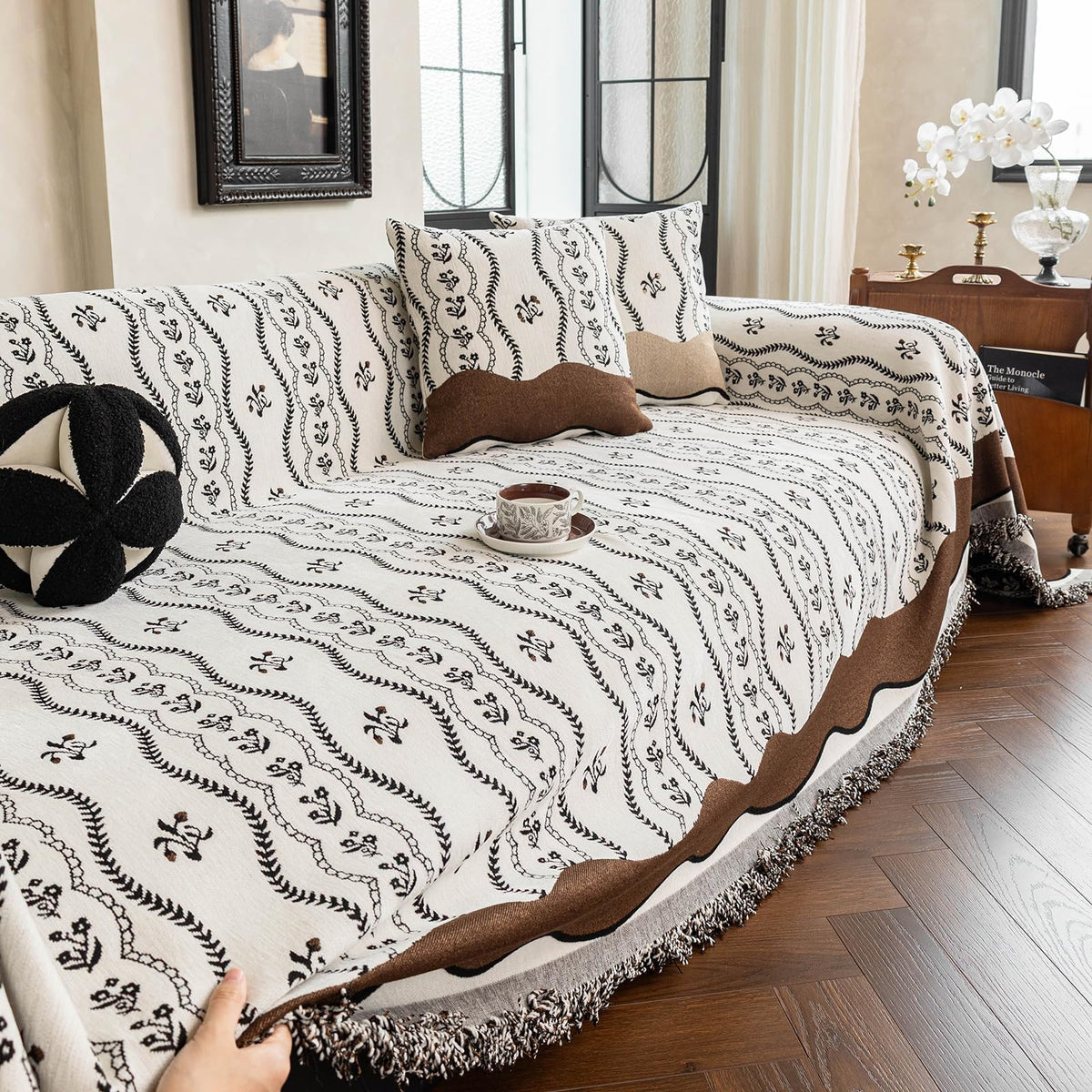 ROOMLIFE Thicked Striped Couch Cover with Tassel Blue Chenille Sofa Cover Blanket for Sectional Sofa, Soft Sofa Slipcovers for L Shaped Love Seat 2-3 Cushion Couch Anti Slip Sofa Protector, 71"x118"