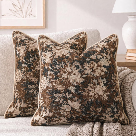 CROWNED BEAUTY Farmhouse Floral Throw Pillow Covers, 20x20, Brown, Set of 2
