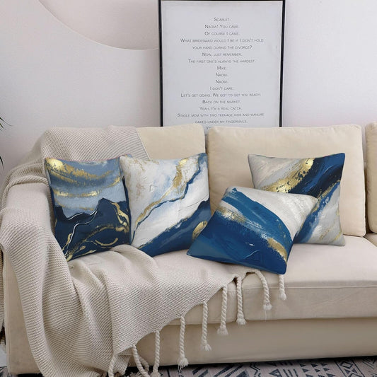 Set Of 4 Blue Abstract Painting Decorative Throw Pillow Covers 18x18 Inch