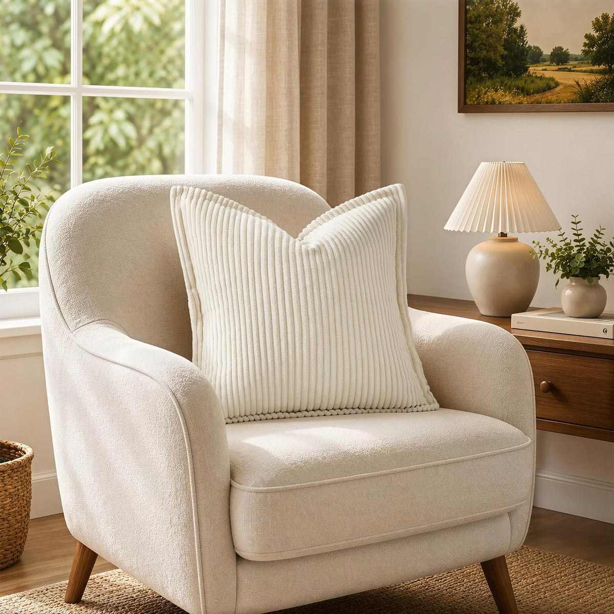 MIULEE Couch Pillow Covers 18x18 Cream White Textured Corduroy