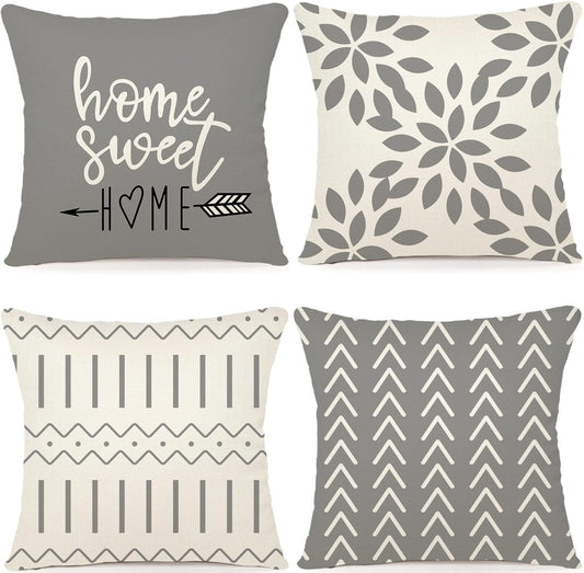 YCOLL Pillow Covers 18x18 Set of 4，Modern Sofa Throw Pillow Cover, Decorative Home Outdoor Linen Fabric Geometric Pillow Case for Couch Bed Car，Gray