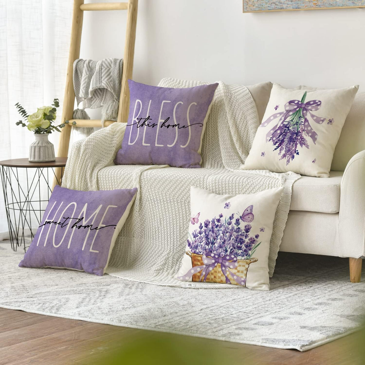 AVOIN colorlife Lavender Bless This Home Sweet Home Spring Throw Pillow Covers, 20 x 20 Inch Purple Cushion Case for Sofa Couch Set of 4