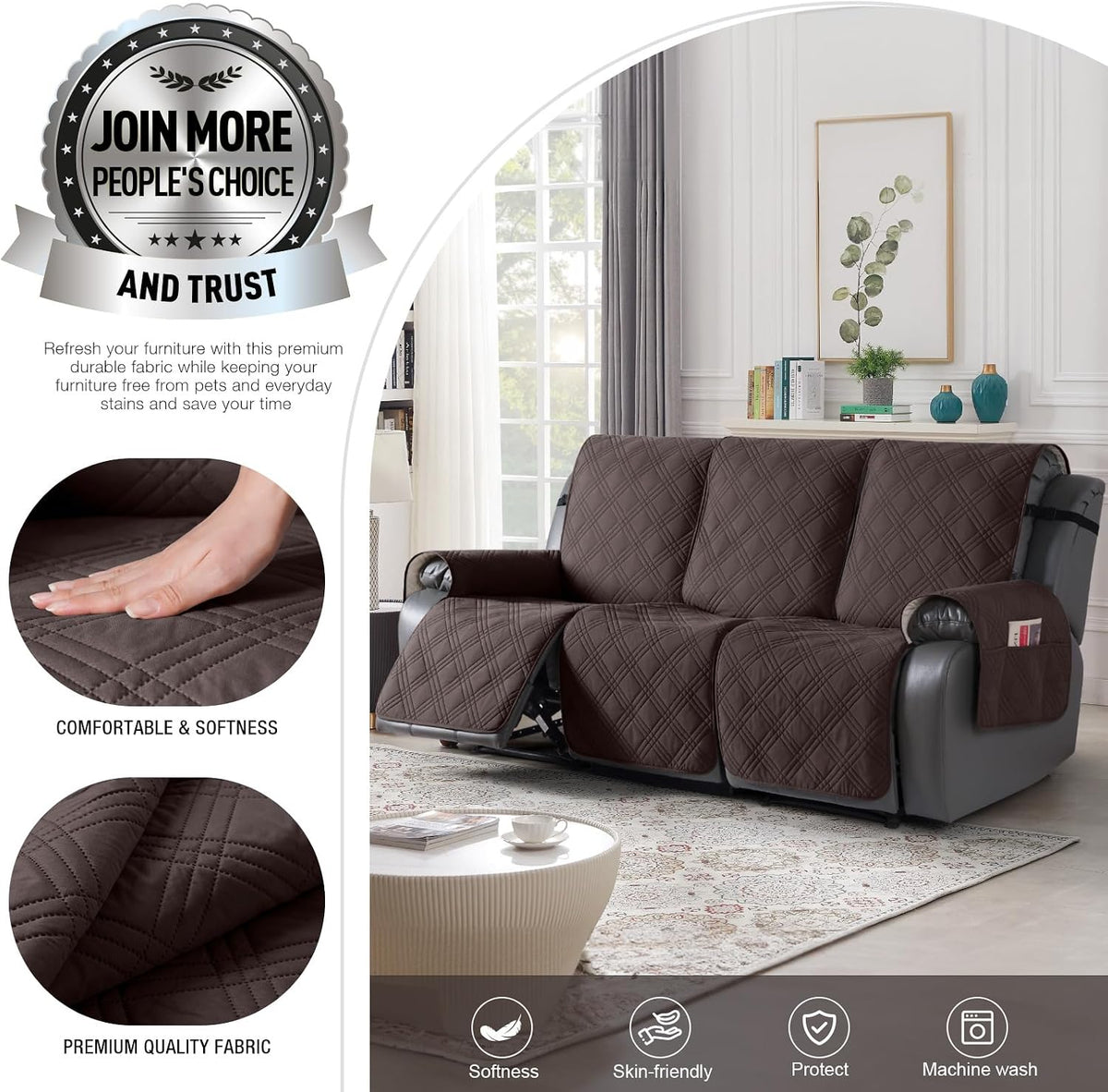 TAOCOCO 100% Waterproof Recliner Sofa Cover Non Slip Couch Cover for 3 Seat Reclining Sofa, Split Reclining Couch Covers 3-Piece with Straps, Washable Sofa Slipcover for Kids Pets(3 Seater, Chocolate)