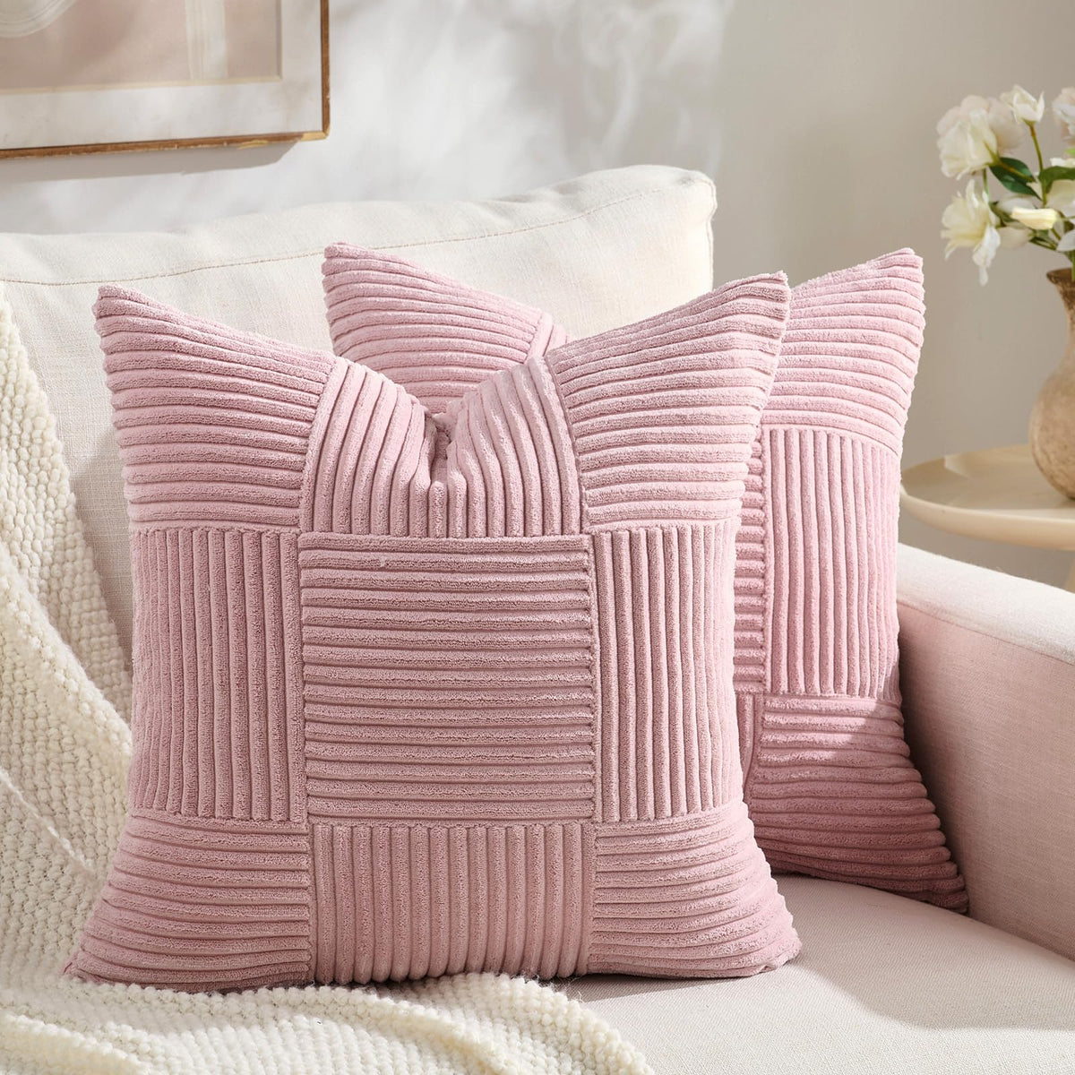 Fancy Homi Set of 2 Dark Gray Boho Decorative Throw Pillow Covers 18x18 Inch for Living Room Bedroom Couch Bed Sofa, Modern Farmhouse Home Decor, Soft Striped Plaid Corduroy Accent Cushion Case