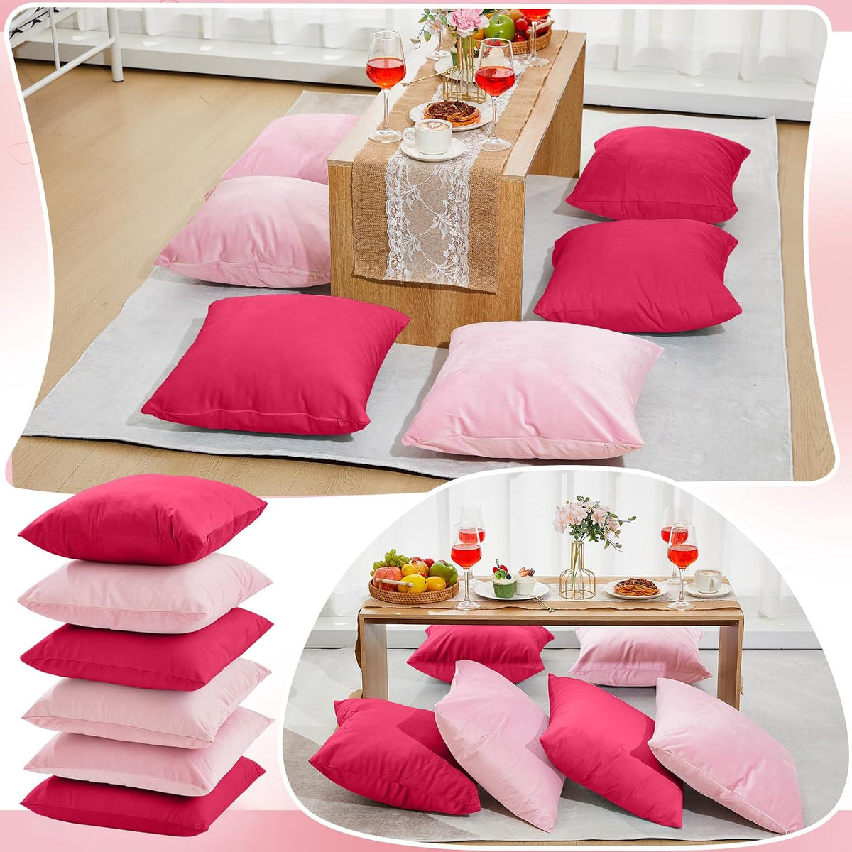 Berlune 12 Pcs Hot Pink Velvet Throw Pillow Cover 18x18 Picnic Cushion Case
