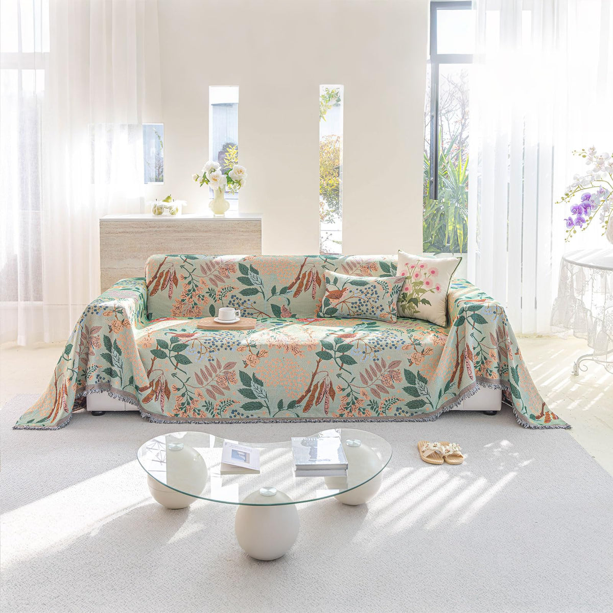 DREAMINGO Green Floral Couch Cover Farmhouse Botanical Jacquard Sofa Covers for 2 Cushion Couch Cozy Chenille Living Room Furniture Loveseat Sectional Sofa Slipcovers Washable, Large 71"x118"