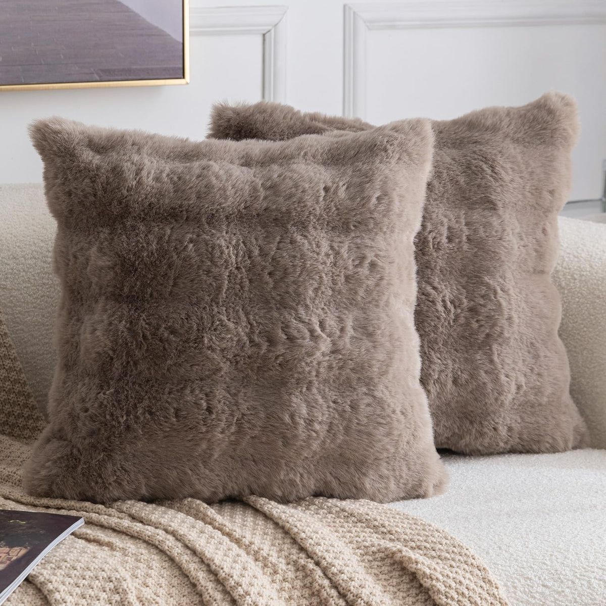 MADIZZ Pack of 2 Thick Plush Faux Wool Throw Pillow Covers Soft Boho Throw Pillows Luxurious Cushion Covers for Couch Sofa Bedroom Living Room Home Decor 18x18 Inch Cream