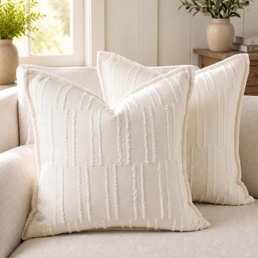 CROWNED BEAUTY Farmhouse Boho Textured Throw Pillow Covers, 20x20, Cream
