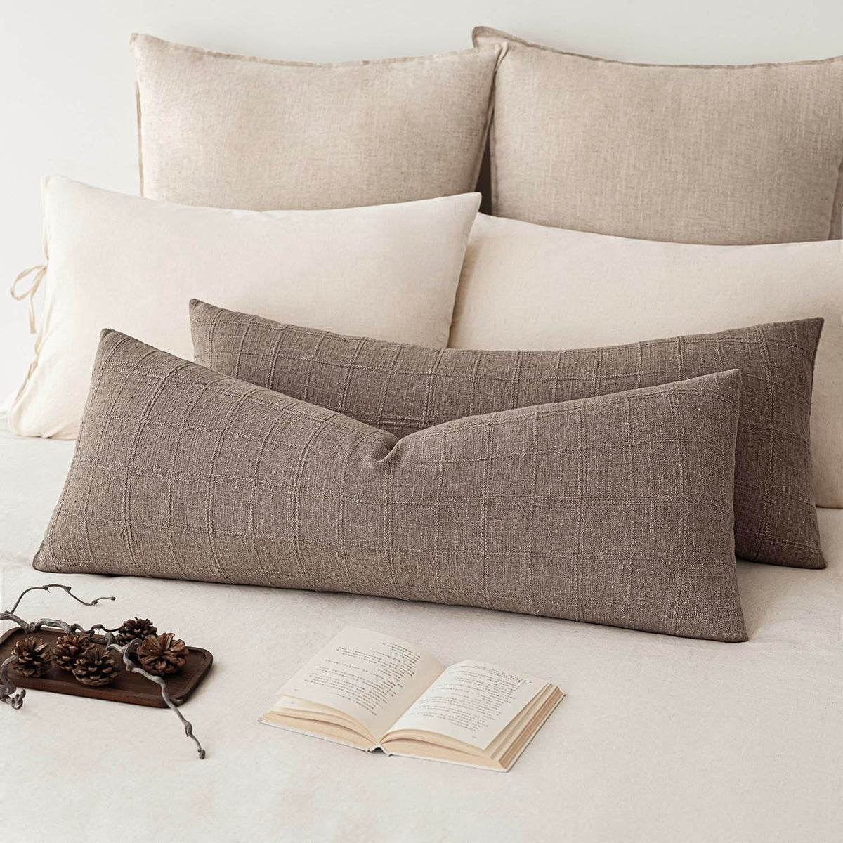 Foindtower Linen Check Decorative Throw Pillow Covers 18×18 Natural Beige