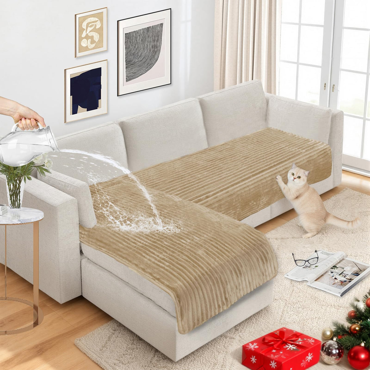 NAISI Couch Covers for Dogs Waterproof Flannel Striped Sofa Cover Pet Friendly Washable Dog Mat for Couch Anti Slip Sectional Sofa Slipcover Protector(2pcs/35"x63"+35"x70",Khaki)