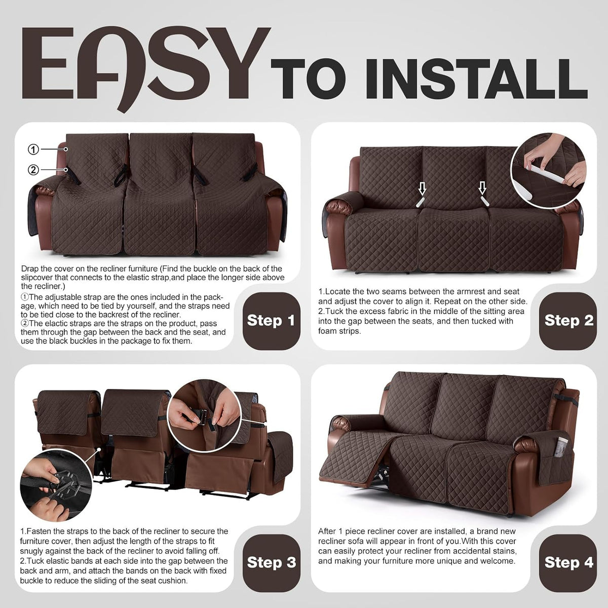 KinCam Waterproof Recliner Sofa Covers Washable, 3 Seater, Chocolate