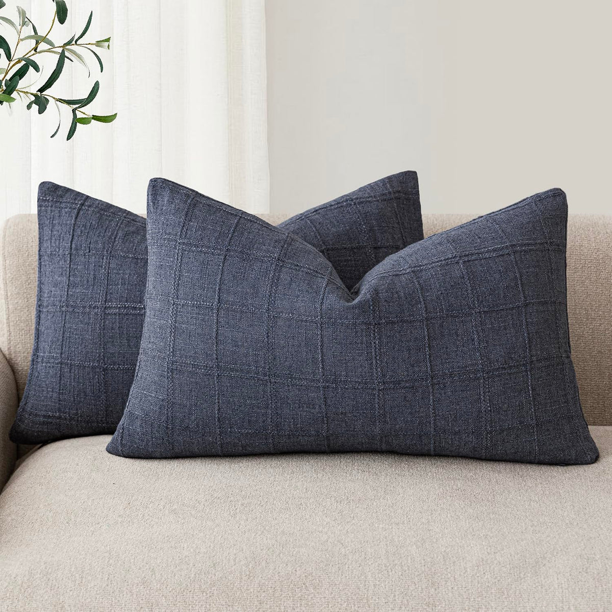 Foindtower Linen Check Decorative Throw Pillow Covers 18×18 Natural Beige