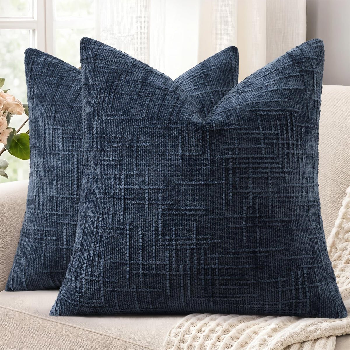 decorUhome Textured Chenille Throw Pillow Covers 18x18 Set of 2 Cream White