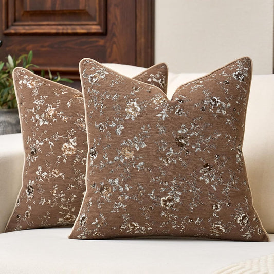 Pack of 2 Vintage Floral Throw Pillow Covers 18 x 18 Inch,Farmhouse Cushion Covers Retro Decorative Pillow Cases for Sofa,Couch, Bay Window, Bed, Living Room Home Décor, Brown