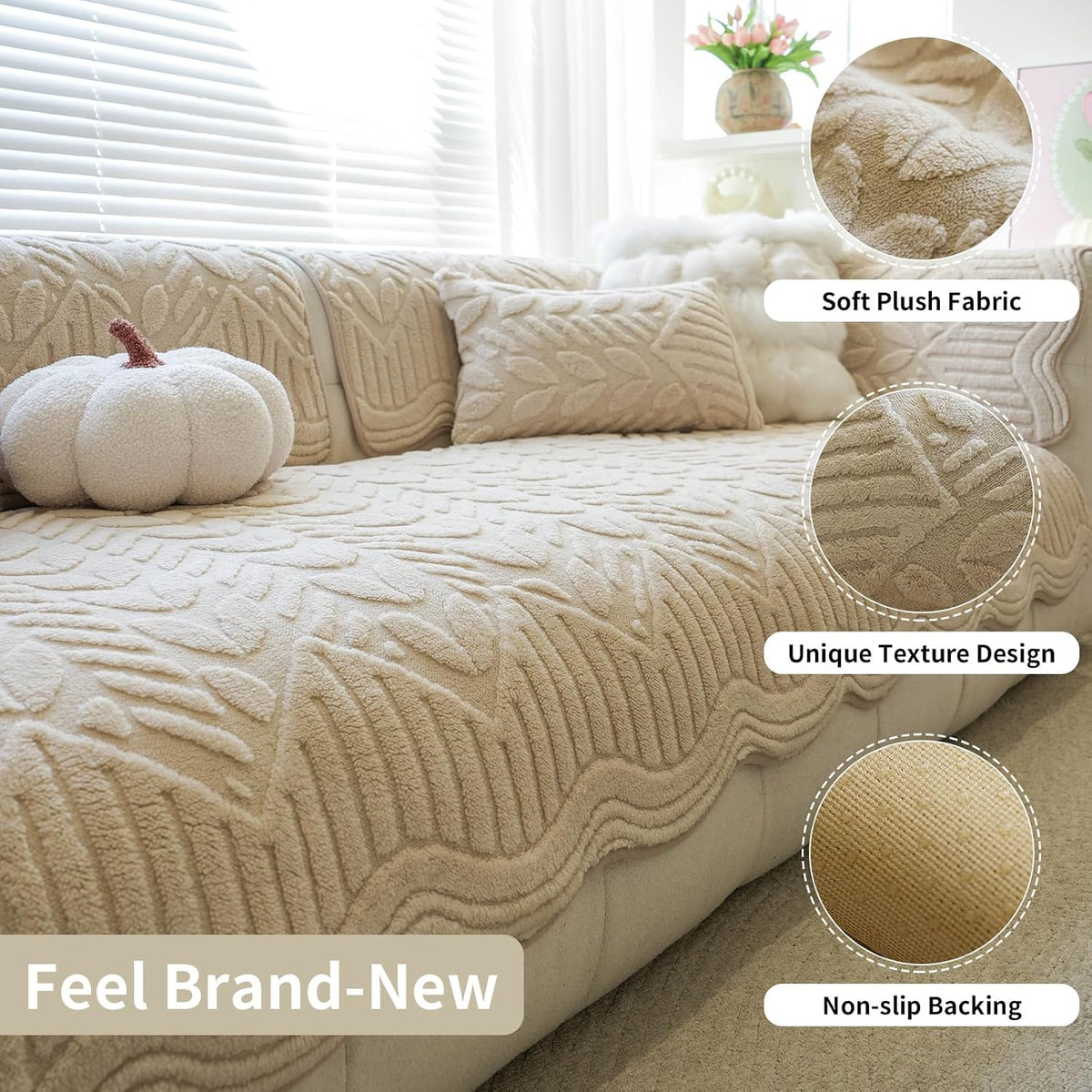Couch Covers for Sofa, Plush Sofa Cover Washable, Geometric Jacquard Sofa Slipcovers, Non-Slip Couch Cover, Warm Couch Slipcover Furniture Protector for Kids, Pets (1PC,Khaki,36"×83")