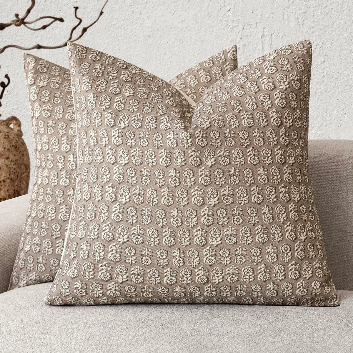 Foindtower Decorative Floral Print Throw Pillow Covers 18×18 Inch,Tan Taupe