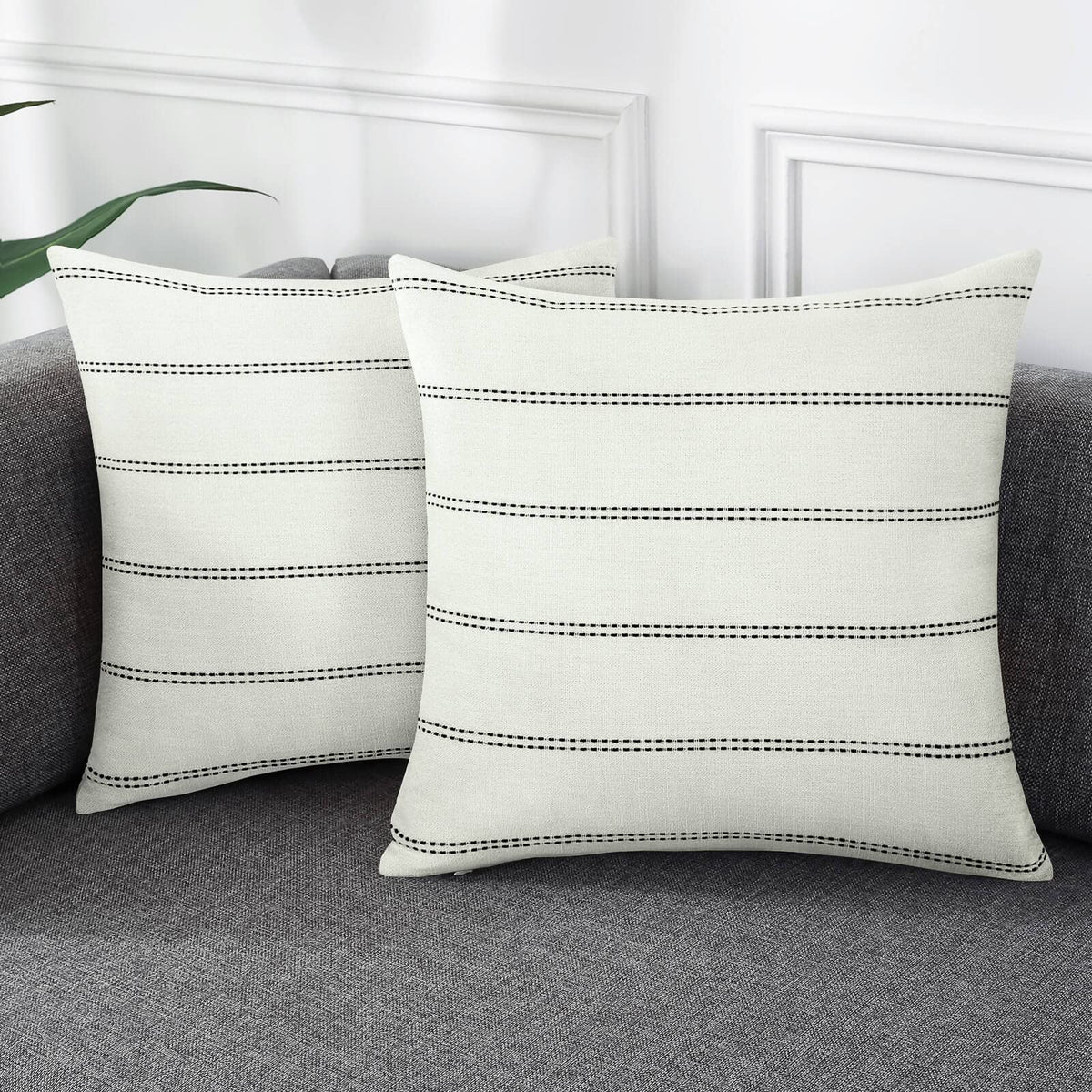 AmHoo Pack of 2 Farmhouse Stripe Check Throw Pillow Covers Set Case Cotton Linen Decorative Pillowcases Cushion Cover for Couch Bench Sofa 18x18Inch Dark Grey Beige