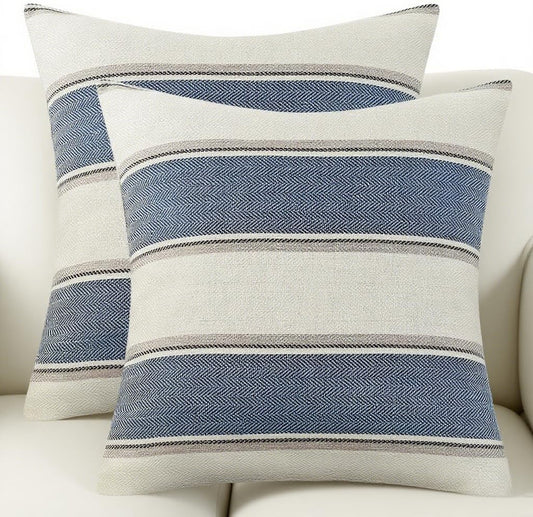 AmHoo Pack of 2 Farmhouse Linen Throw Pillow Cover Cushion Stripe Decoration Buffalo Retro Pillowcase with Hidden Zipper for Sofa Bedroom Car 18 x 18 Inch Blue