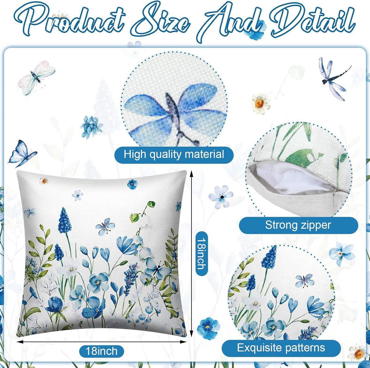 Preboun 6 Pcs Wildflowers Spring Throw Pillow Covers Set Inch Flower Floral Pillow Covers Cushion Cases Pillowcase for Living Room Sofa Couch Bed Car Home Decor(18 x 18 Inch)