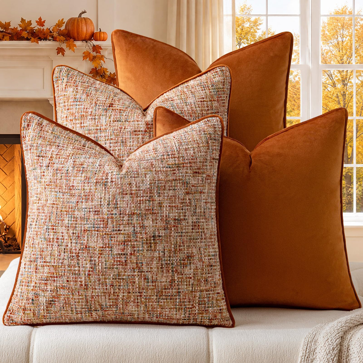 a moment Khaki 4 Pack Throw Pillow Covers - Chenille & Velvet Set with Piping, Farmhouse Textured Design Cushion Cases for Couch Sofa Bed (18x18 Inch, No Insert)