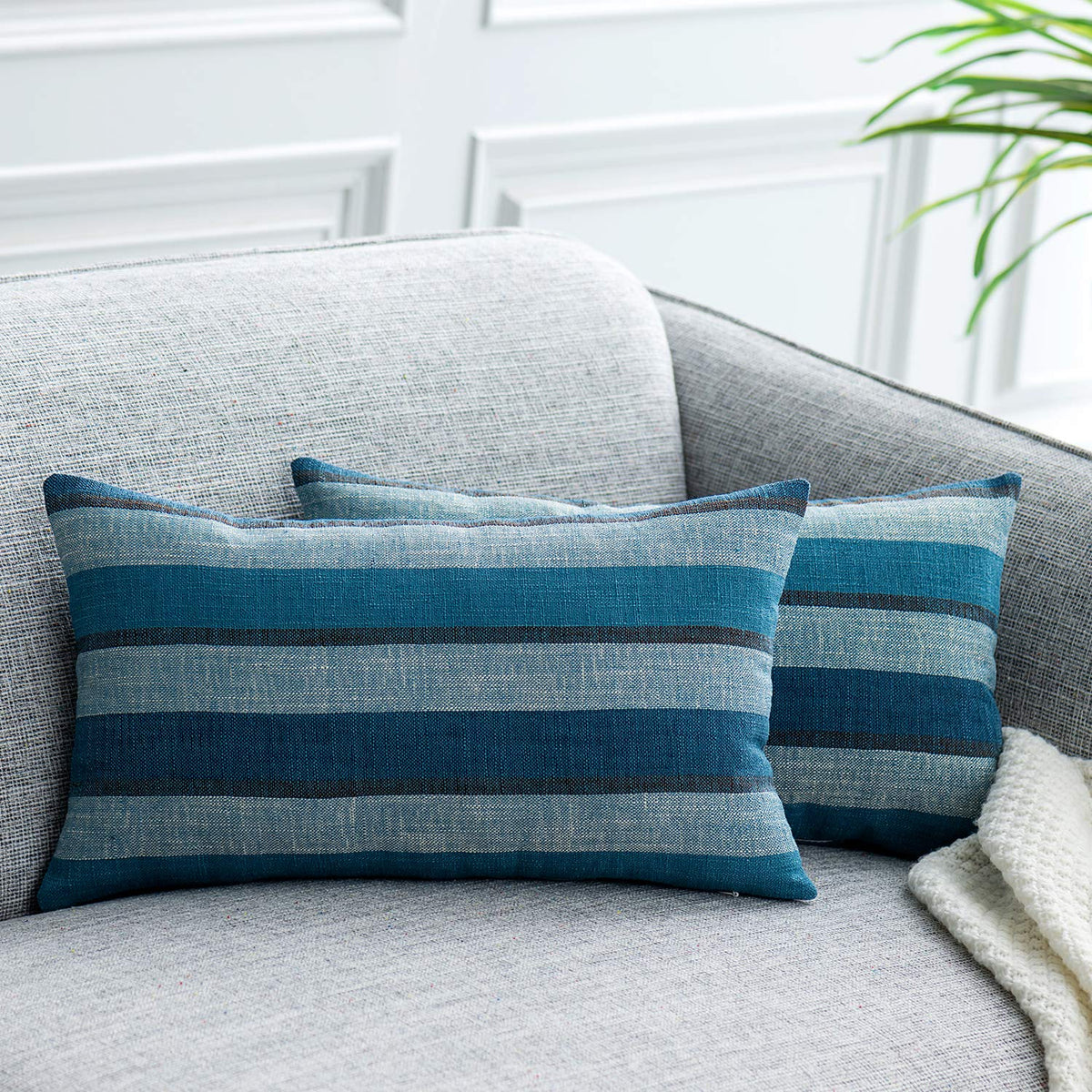 2 Pieces Decorative Classic Retro Stripe Throw Pillow Cover Soft Faux Linen Modern Farmhouse Lumbar Cushion Case for Sofa Bedroom Car 12 x 20 Inch Grey Blue Mixed