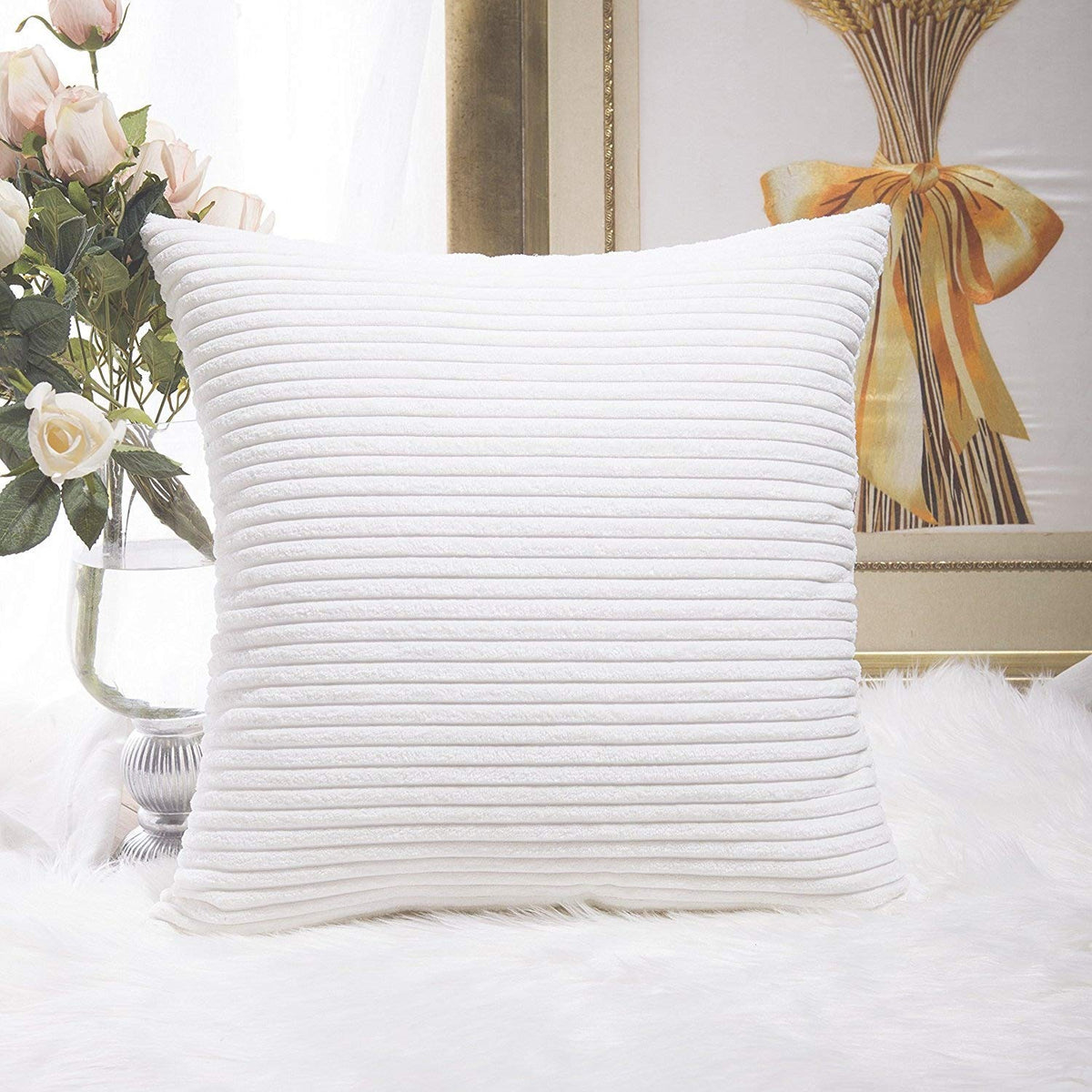 Home Brilliant Mustard Yellow Throw Pillow Cover 18x18 Decorative Plush Corduroy Striped Fall Decor Throw Pillow Cushion Cover for Couch Bed Decor, 18 x 18 (45x45), Sunflower Yellow