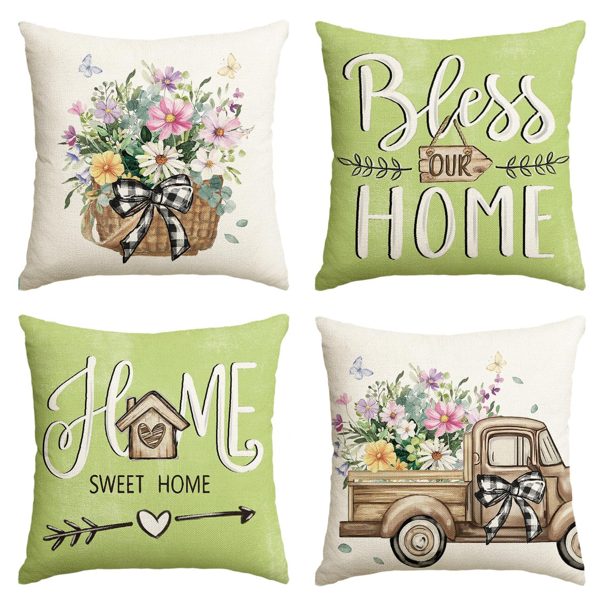 AVOIN colorlife Bless Our Home Eucalyptus Leaves Throw Pillow Covers, 18 x 18 Inch Spring Truck Cushion Case for Home Sofa Couch Set of 4