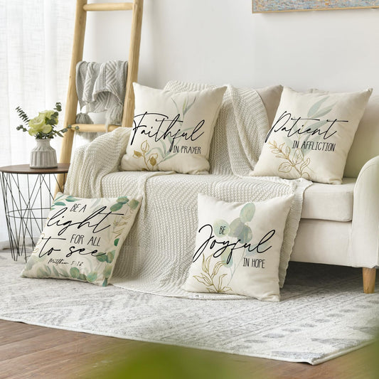 AVOIN colorlife Eucalyptus Leaves Fall Throw Pillow Covers, 18 x 18 Inch Green Leaves Be A Light for All to See Cushion Case Decoration for Sofa Couch Set of 4