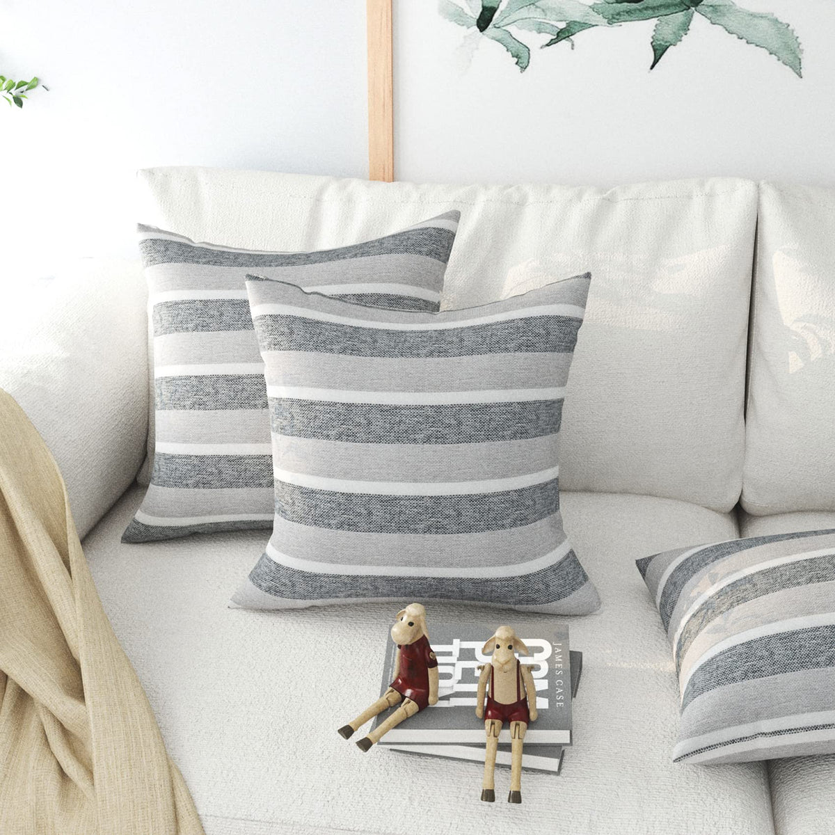 2 Pieces Decorative Classic Retro Stripe Throw Pillow Cover Soft Faux Linen Modern Farmhouse Lumbar Cushion Case for Sofa Bedroom Car 12 x 20 Inch Grey Blue Mixed