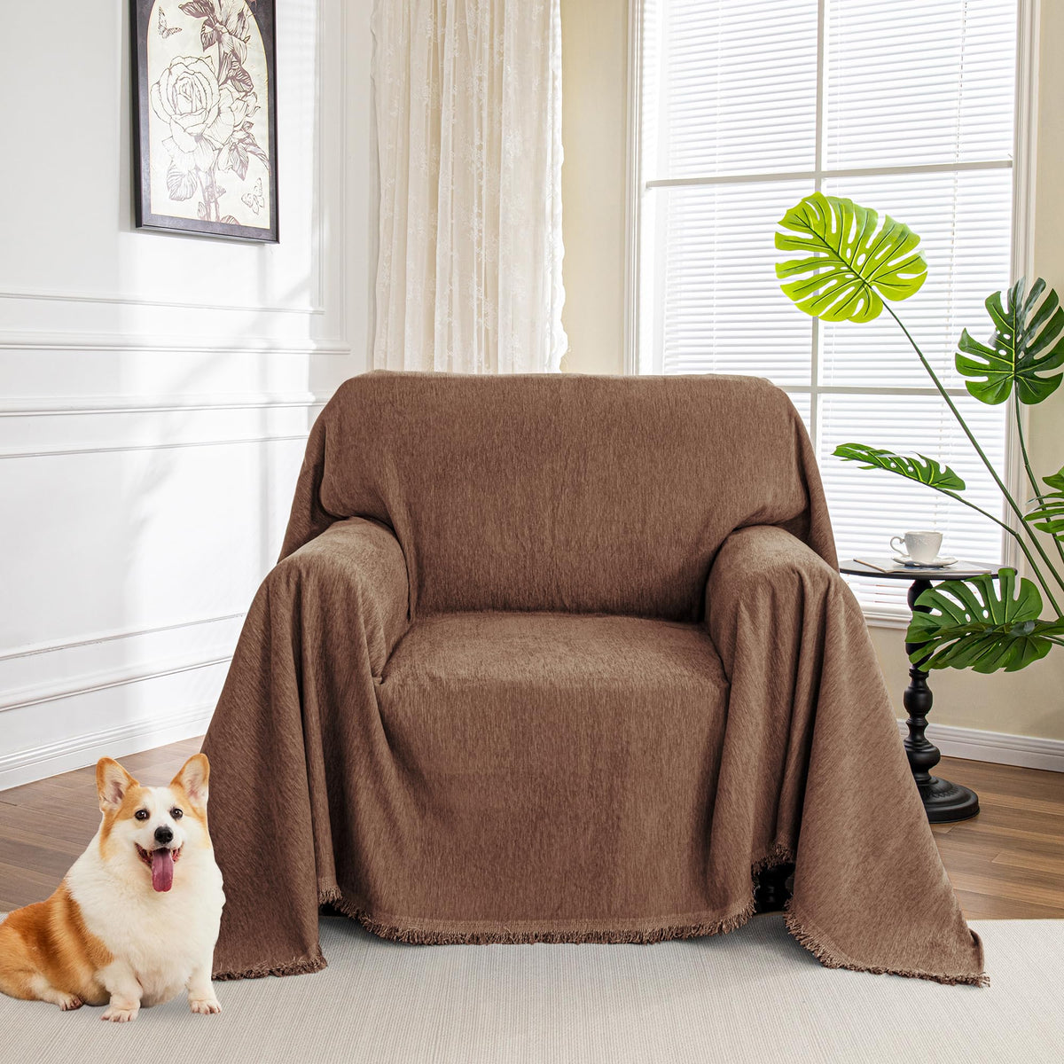 MYSKY HOME Couch Cover for Dogs, Washable Couch Covers, Non Slip Couch Sofa Cover, Couch Cover 2 Cushion Sofa Dogs Furniture Protector with Tassels Chenille Sofa Covers for Pets, 71"x118", Moss Green
