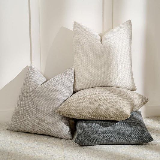 Volcanics Boho Throw Pillow Covers 18x18 Set of 4, Neutral Chenille Decorative Cushion Covers for Couch, Sofa, Bedroom, Living Room, Farmhouse & Mid-Century Modern Home Decor