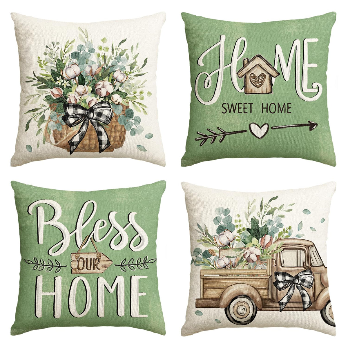 AVOIN colorlife Bless Our Home Eucalyptus Leaves Throw Pillow Covers, 18 x 18 Inch Spring Truck Cushion Case for Home Sofa Couch Set of 4