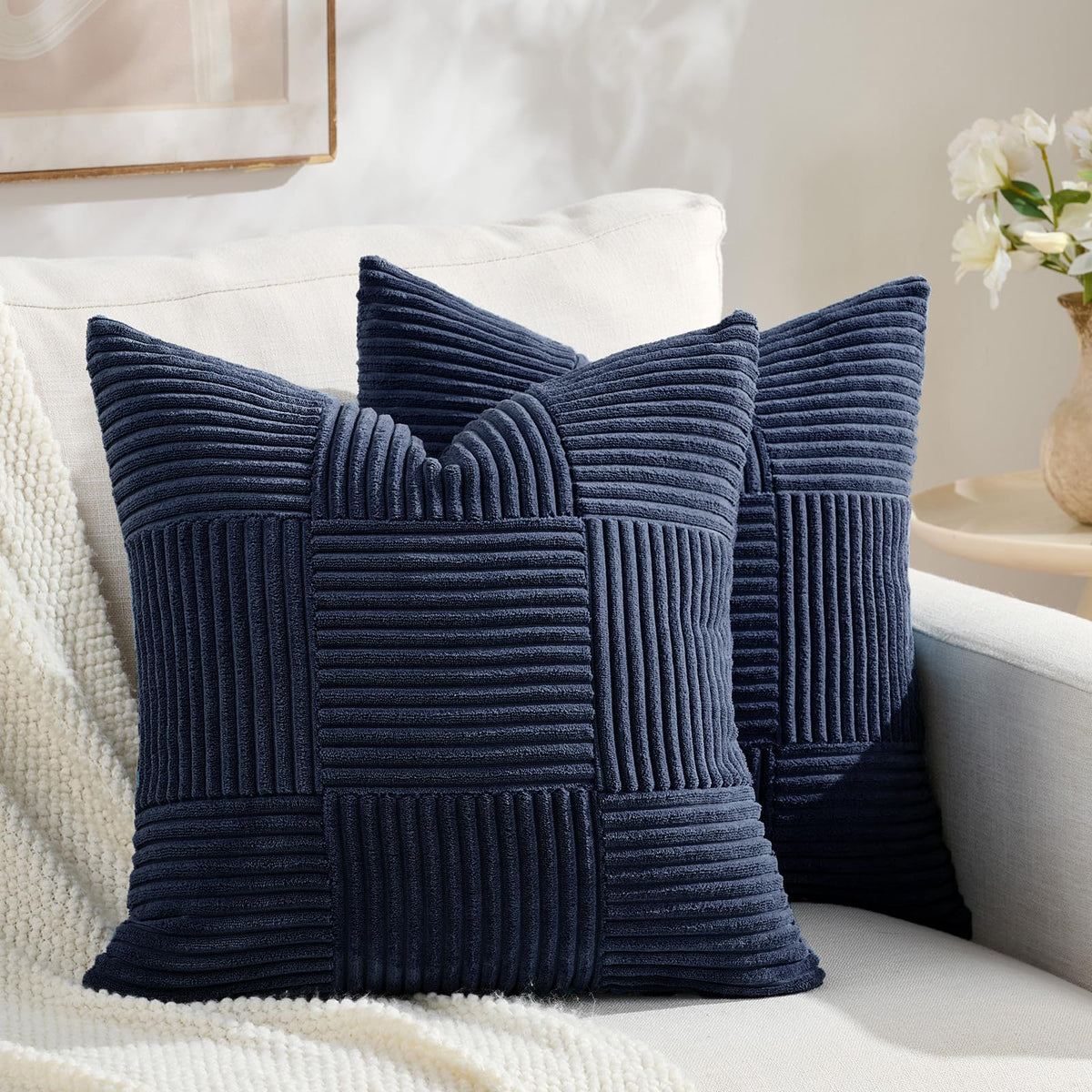 Fancy Homi Set of 2 Dark Gray Boho Decorative Throw Pillow Covers 18x18 Inch for Living Room Bedroom Couch Bed Sofa, Modern Farmhouse Home Decor, Soft Striped Plaid Corduroy Accent Cushion Case