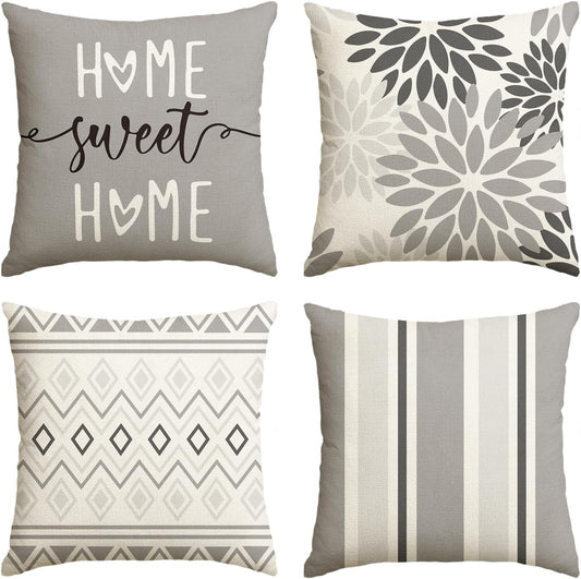 AVOIN colorlife Dahlia Flowers Grey Throw Pillow Covers, 18 x 18 Inch Home Sweet Home Living Room Outdoor Cushion Case Decoration for Sofa Couch Set of 4